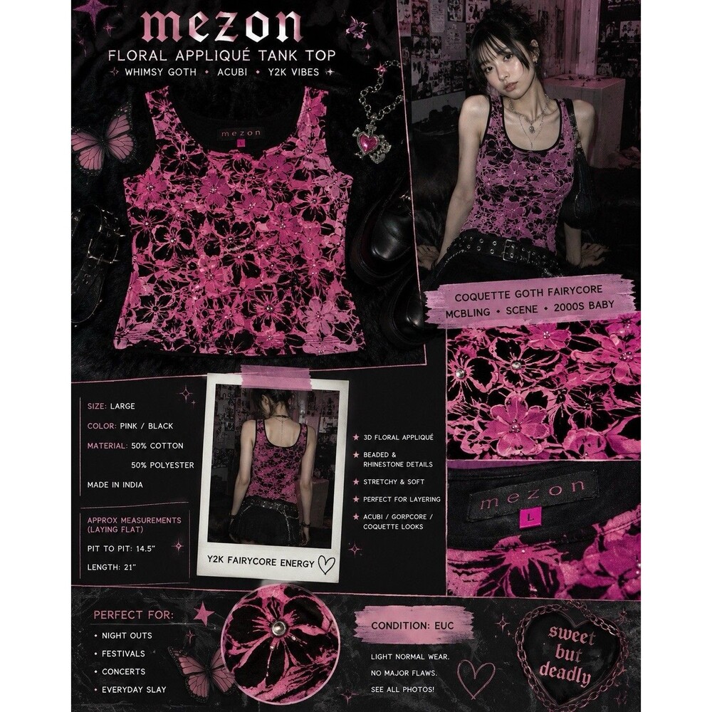 Y2K Mezon Floral Appliqué Tank Top Pink Black Beaded Fairycore Goth Acubi Vibe